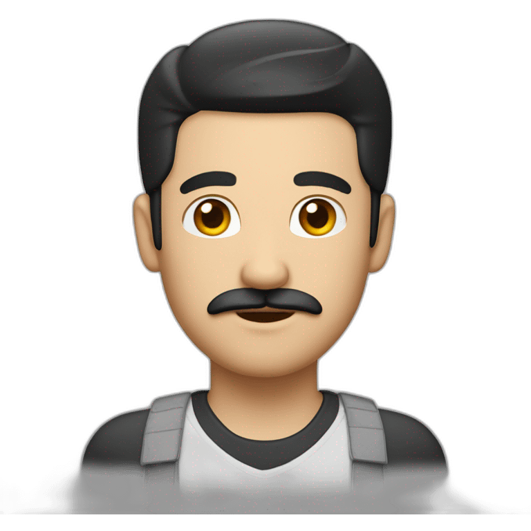 man whit black hair, white shirt, backwards grey cap and flipped eyebrows as a moustache emoji