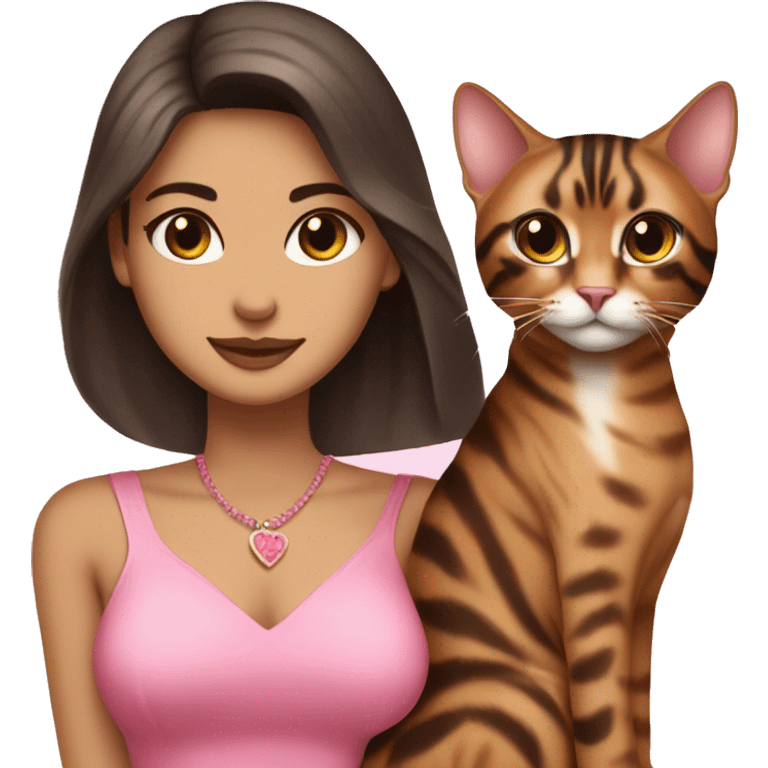 Beautiful skinny woman long dark brown hair in pink dress hug bengal cat emoji