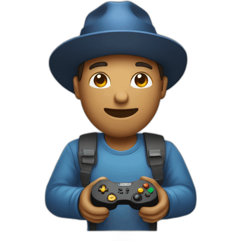 Guy with hat playing video game on beamer emoji