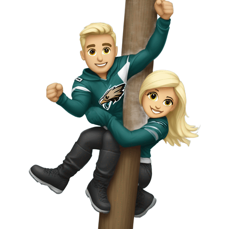 Brunette female and blonde male who are both eagles fan climbing up a pole emoji