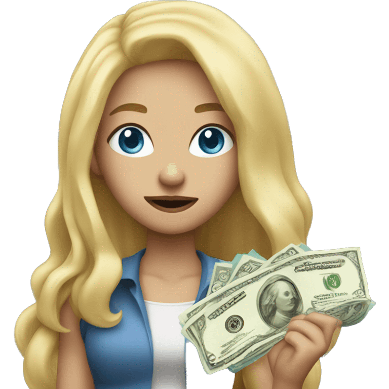 blonde girl long hair blue eyes holding money throwing money mouth closed emoji