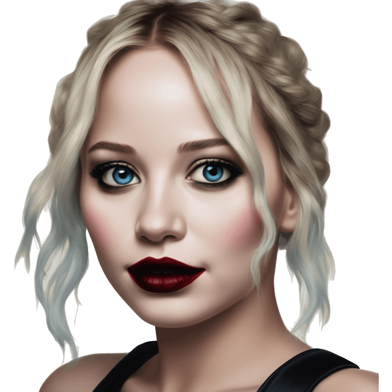 Barcelona Jennifer Lawrence in Harley Quinn style, oil paint, mysterious eyes, intricate lips, masterpiece portrait, odd perspective, beautiful, desirable, logical emoji