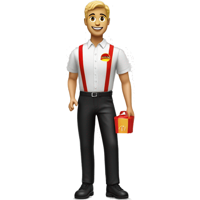 waiter on roller skates McDonald's uniform  white shirt black pants red vest realistic 60's stye emoji