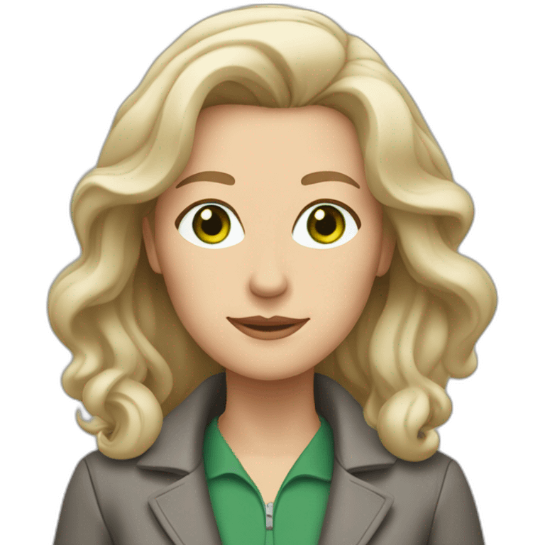 28 old women, white skin, long blond-brown hair, green eyes, red shirt in a gray jacket emoji