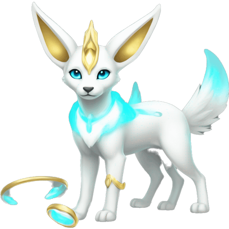 Shiny White Angelic Godly Ethereal Majestic Electric Albino Umbreon. cyan eyes and cyan markings. Golden Anubis-rings. full body emoji