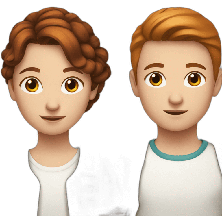 White young girl with dark copper-colored hair tied back with a white young boy with brown hair emoji