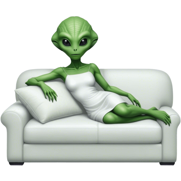 hyper-realistic reptilian green alien woman, in white dress, lie on couch comfy, full figure emoji