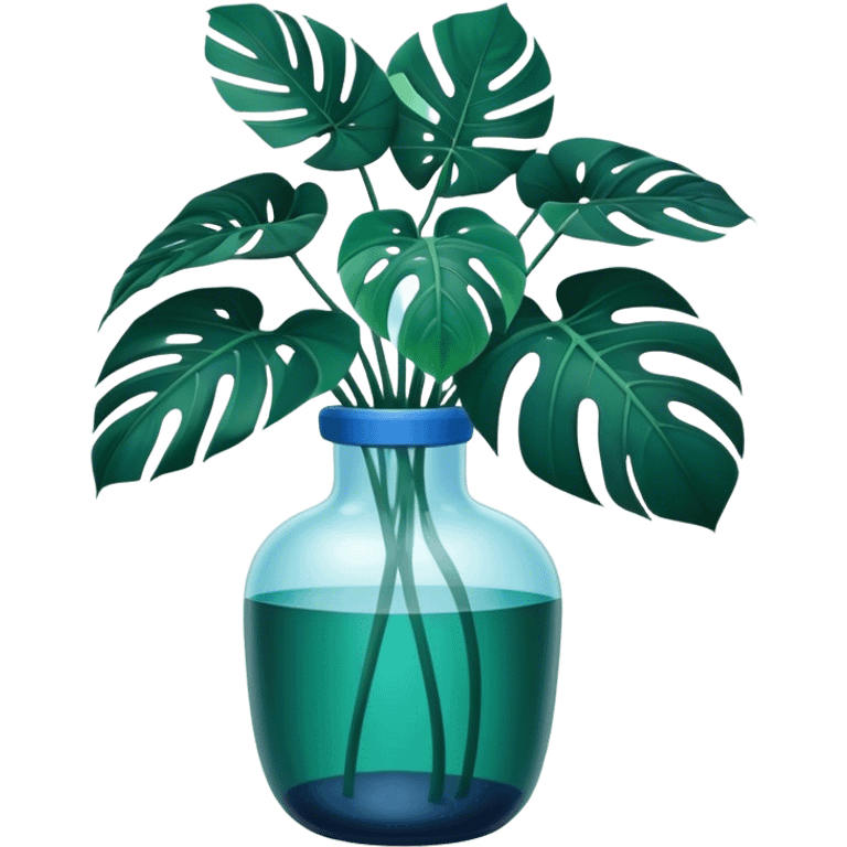 Aesthetic monstera flower in deep bottle green color in a beautiful blue pot emoji