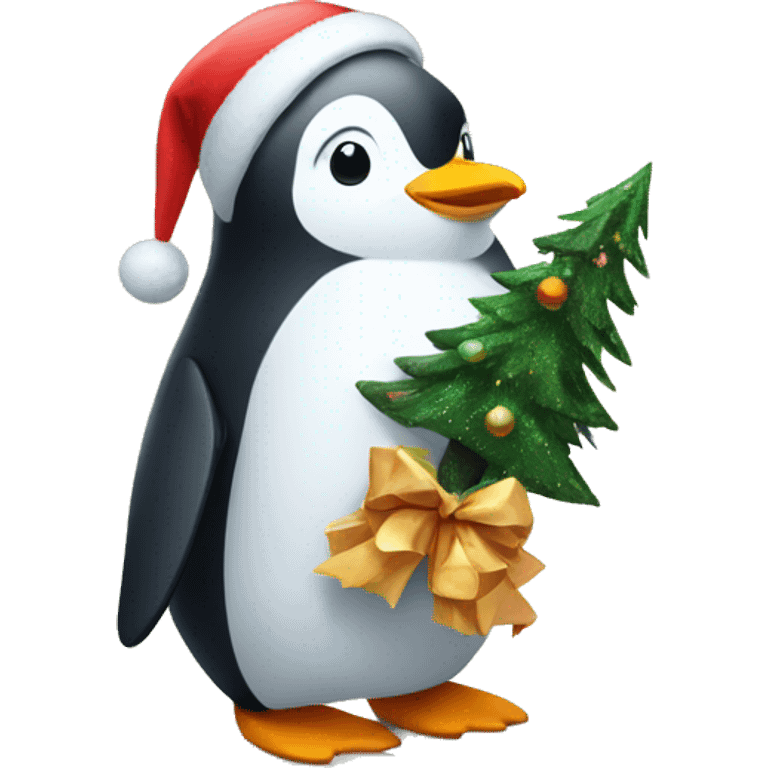 Penguin holding a christmas tree emoji