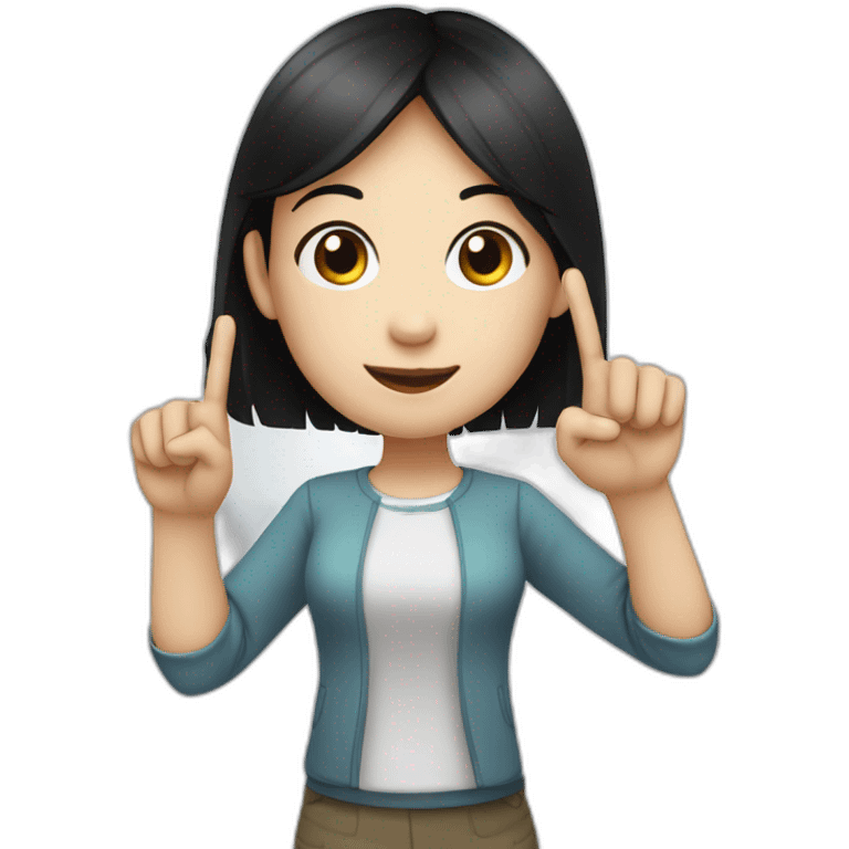 Small white skin black haired girl showing 3 fingers up, 2 closed emoji