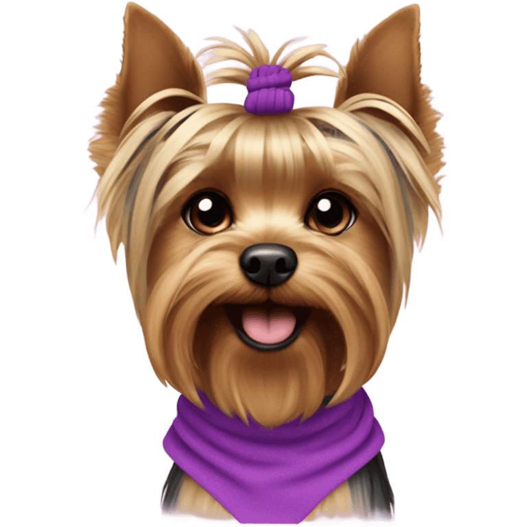 the face of a  Yorkshire Terrier  with a baby face with a ponytail on its head with a purple elastic band and pink short  emoji