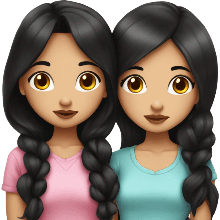 two cute cartoon style brunette girls kissing on the lips. both girls have long black hair, both of their hairstyles are down. One of the girls has freckles. Super cute style. emoji