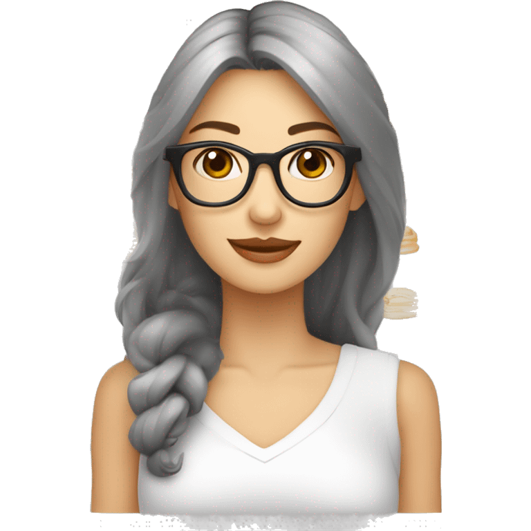 Mujer, pelo cobrizo, tez blanca, ojos cafés, lunar al lado derecho de la barbilla, cejas delgadas, pestañas largas, con lentes transparentes, con fleco, emoji