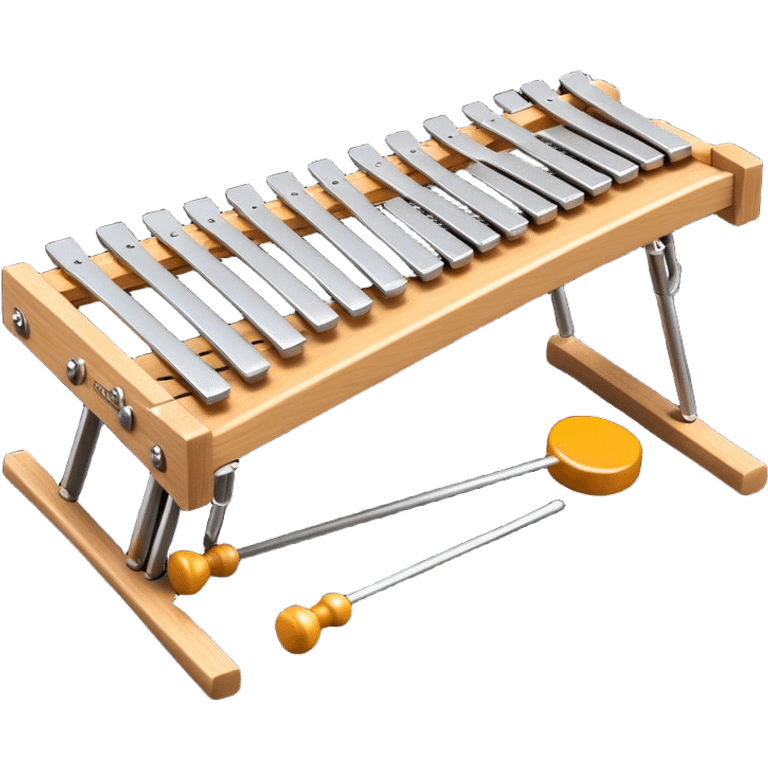 Create a vibrant and detailed emoji representing a professional wood xylophone. The design should feature the sleek wooden keys of the xylophone, arranged neatly on the frame, with metal bars clearly visible. Add the mallets placed beside the instrument or in motion, highlighting their soft rubber heads. Use warm, natural wood tones for the keys, with subtle metallic accents to reflect the professional quality of the instrument. Add small musical notes or soundwaves around the xylophone to evoke its bright, percussive sound. The background should be transparent. emoji