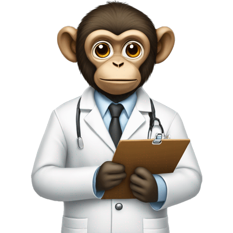 Survey Monkey: A monkey wearing a lab coat, holding a clipboard and a pen, with a thoughtful expression. emoji