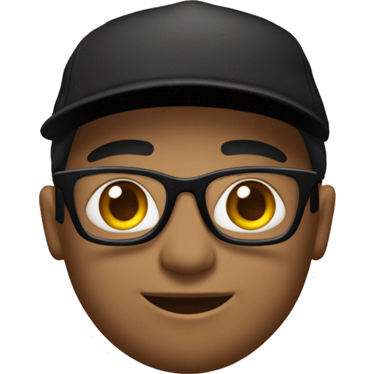 Un chico de piel natural con gorra negra, cabello negro, lentes y una remera negra con mangas cortas emoji