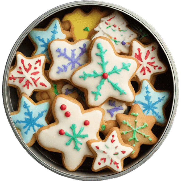 Frosted colorful christmas cookies in a round tin emoji