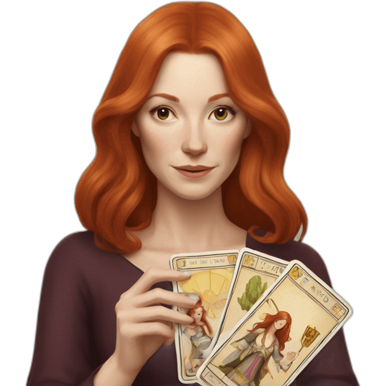 redhead white woman medium long straight hair, holding a tarot card in her hand emoji