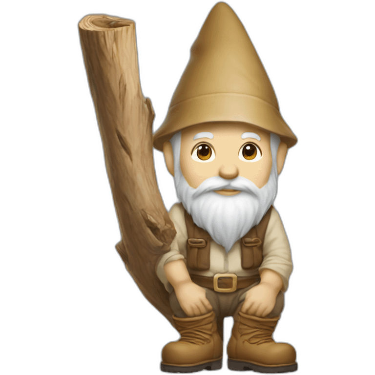 side view of gnome with light tan pants and light tan boots squatting with small log behind him emoji