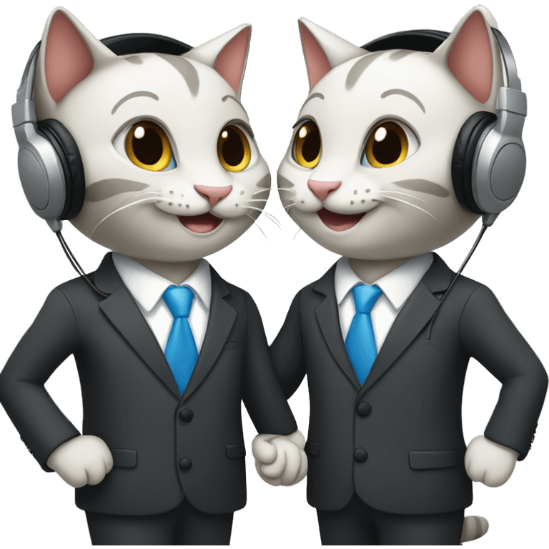 Two happy cats, shaking hands in suits with headphones on.   emoji