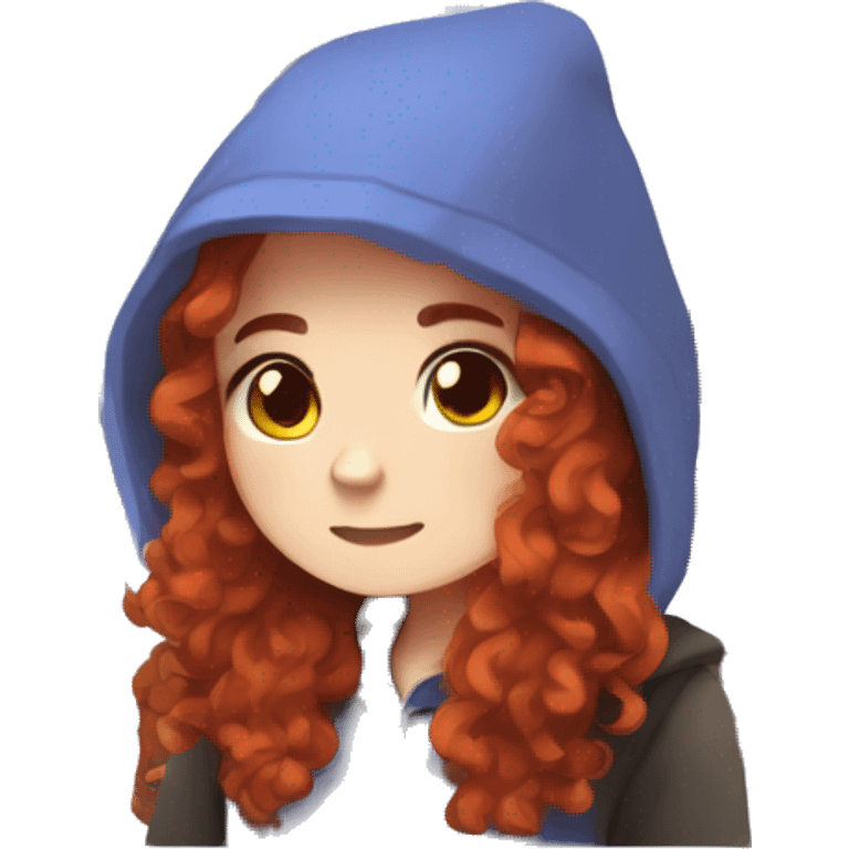 a white girl with long red curly hair, wearing periwinkle Minecraft hoodie playing a videogame emoji