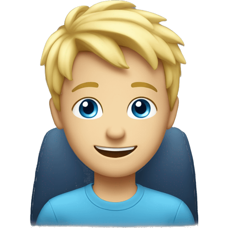 smiling blond boy in car with blue shirt and blue eyes and there is smoke and fire around him emoji