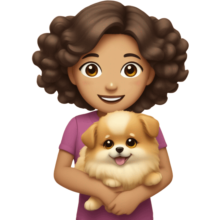 Asian brunette girl with wavy hair and brown eyes holding a yellow Pomeranian puppy. Cute. emoji