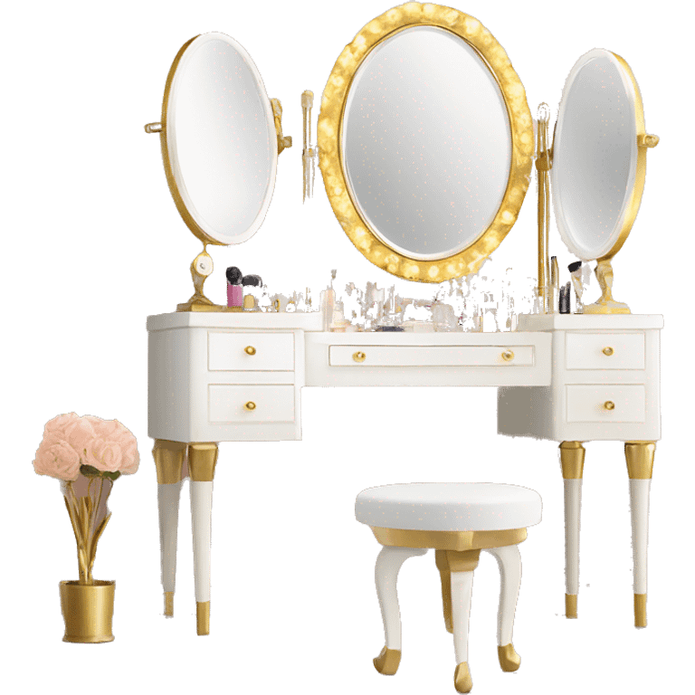 White vanity with gold mirror and clear chair with gold legs and makeup displayed  emoji