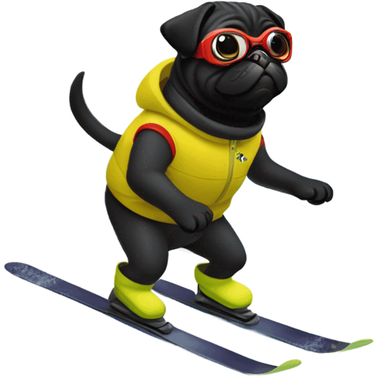 Black pug skiing on a snowy mountain emoji