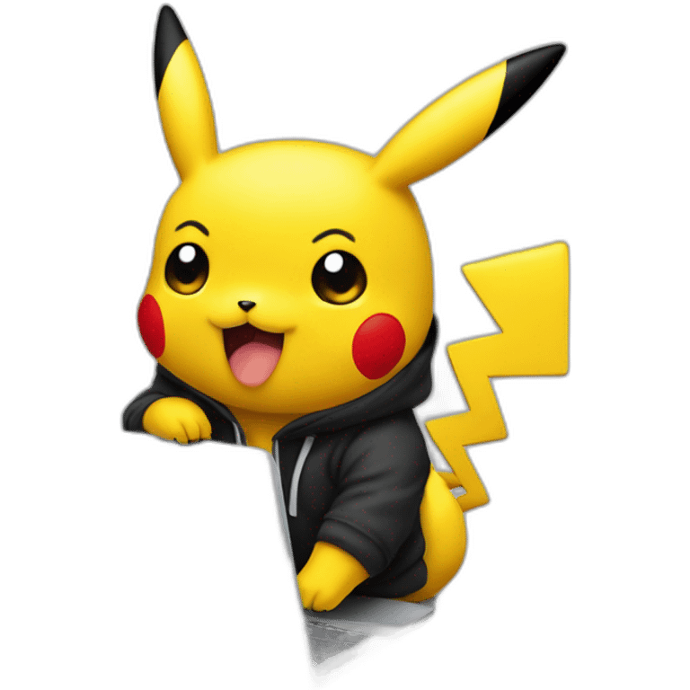 pikachu en sweat noir à capuche qui travaille sur un ordinateur portable emoji