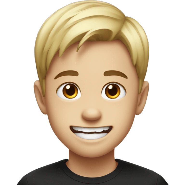 smiling boy in black shirt and a gap in teeth emoji