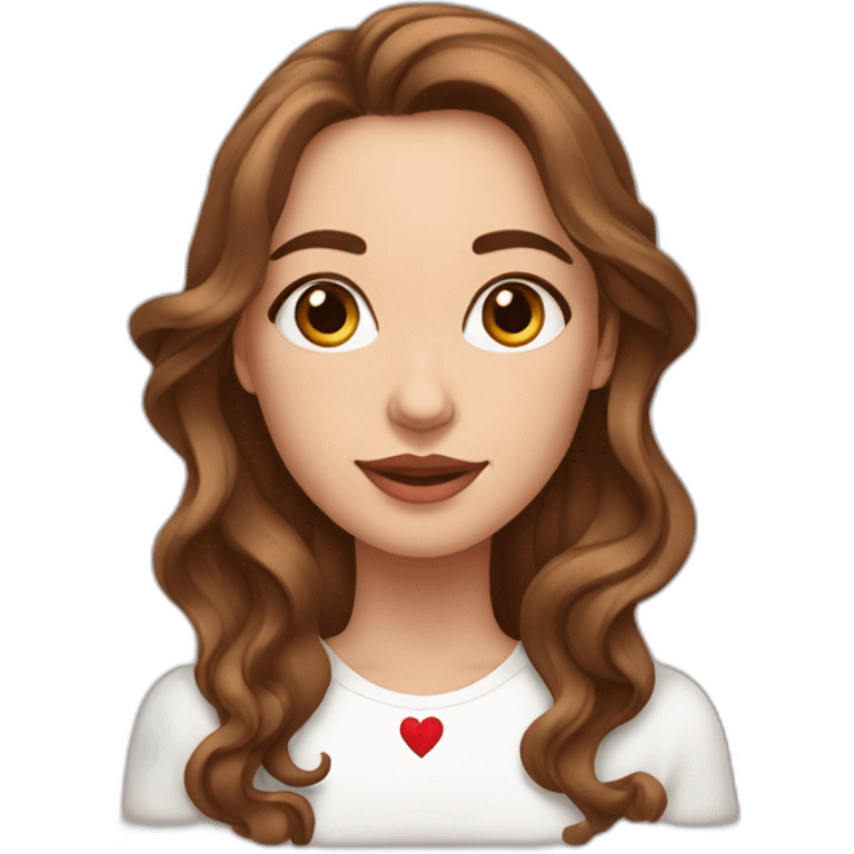 white beautiful woman, brown wavy hair, showing heart by two hands, long earrings emoji