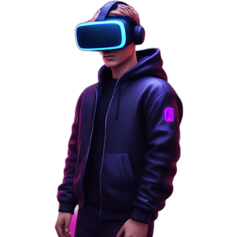 Russian young man wearing a black hoodie with "OMG" letters on it and VR headset in a cyberpunk VR environment with violet neon lighting. emoji