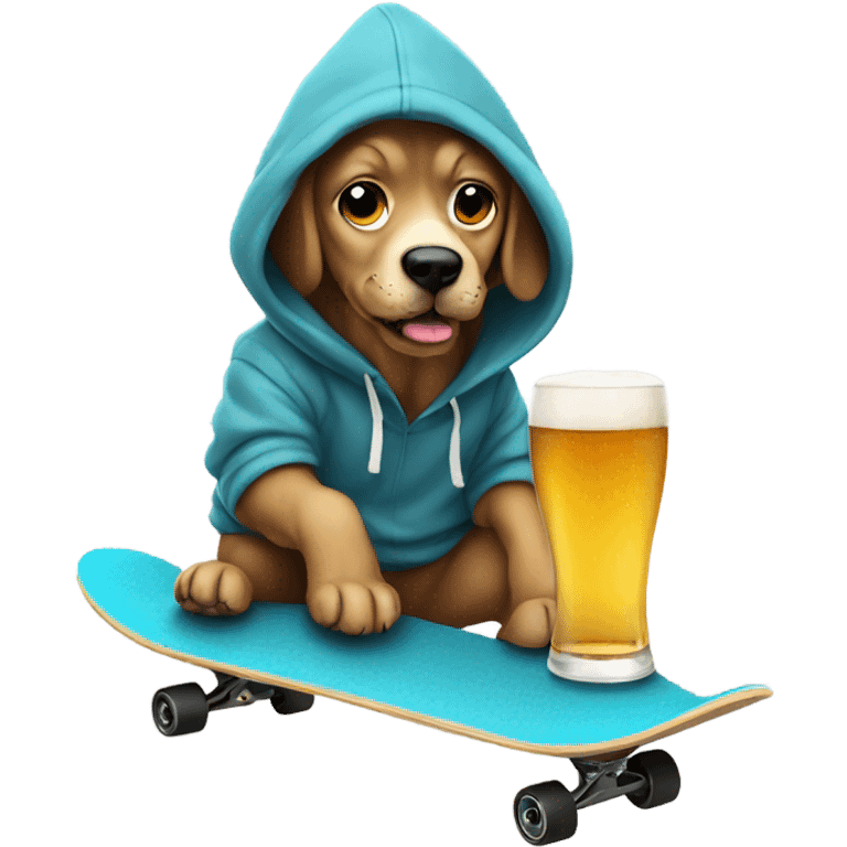 Dog wearing a hoodie on a skateboard drinking a beer emoji