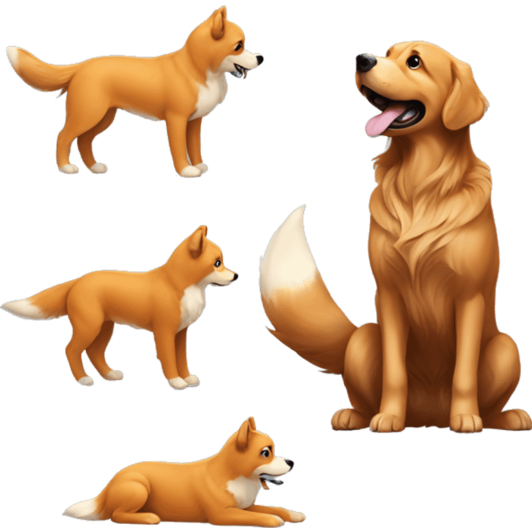 a brown golden retriever playing with a realistic fox emoji