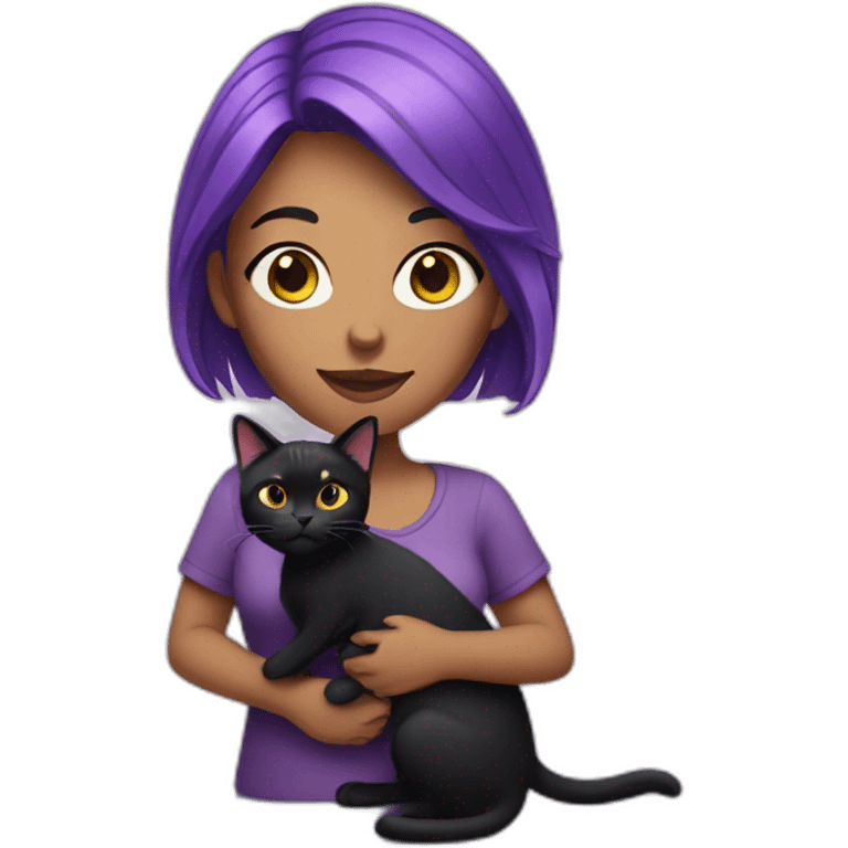 woman with purple hair holding a black cat emoji