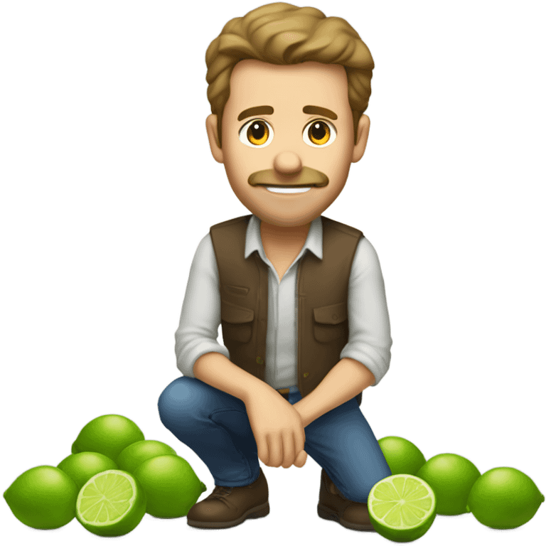 The same white man with brown hair bending down to pick up many fallen limes on the floor . No facial hair please emoji