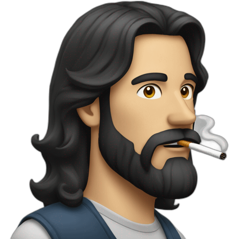 man with long dark hair and beard smoking cigarettee emoji