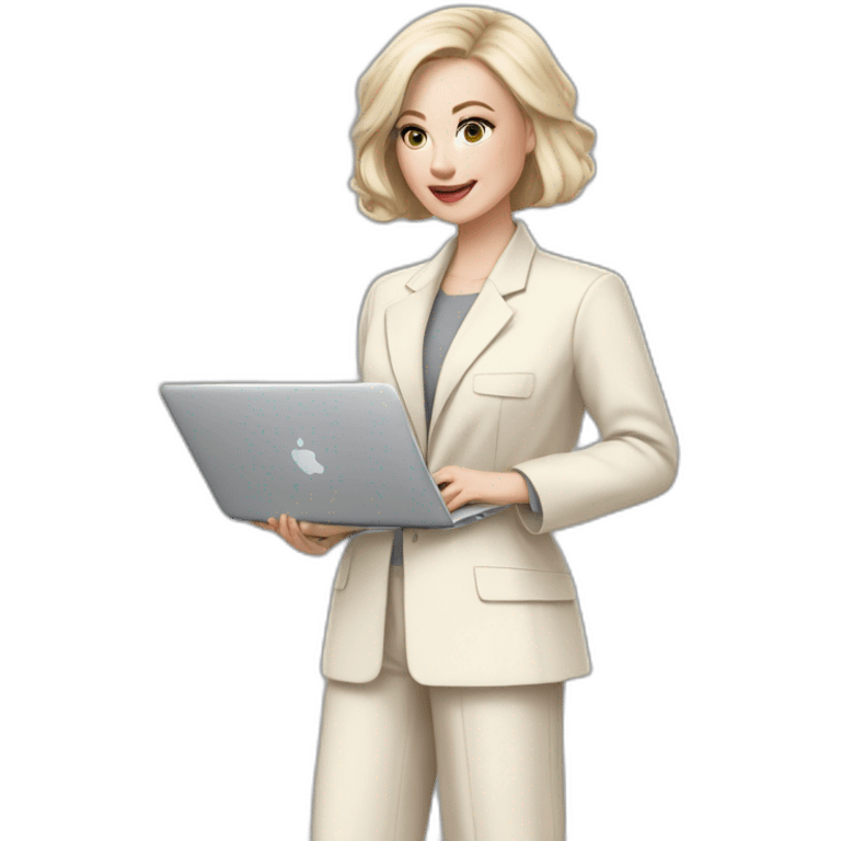 pale skin woman with ash blonde Straightened bob Hair, White Spacious classical jacket, beige palazzo Arrow pants and gray blouse holding a MacBook in the hands emoji