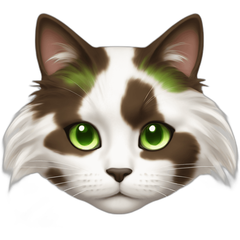 snoozing longhaired white and dark brown calico cat with green eyes emoji