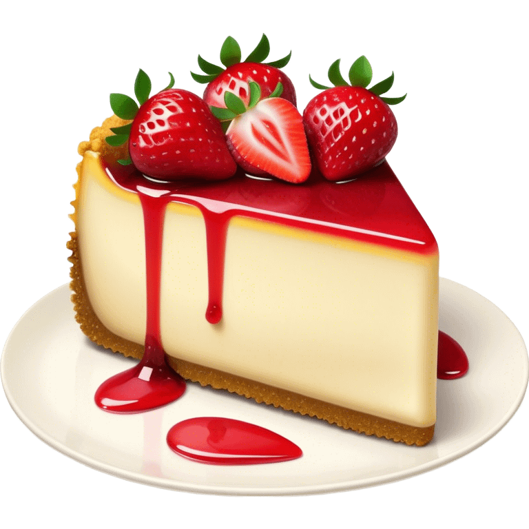 Cinematic creamy cheesecake, smooth and velvety, topped with fresh strawberries and a glossy fruit glaze, golden crumbly crust, beautifully plated, soft glowing background, indulgent and elegant. emoji