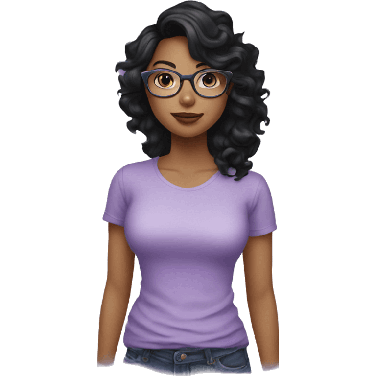  woman with long black wavy hair, fair skin, big lips, wearing lilac t shirt and glasses emoji