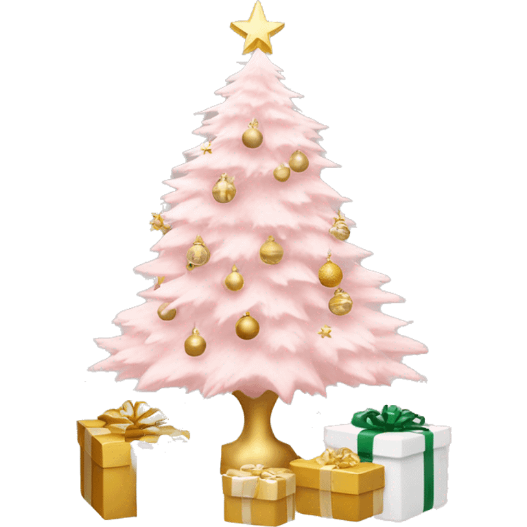 light pink christmas tree with white pot and presents underneath and star and white and gold ornaments emoji