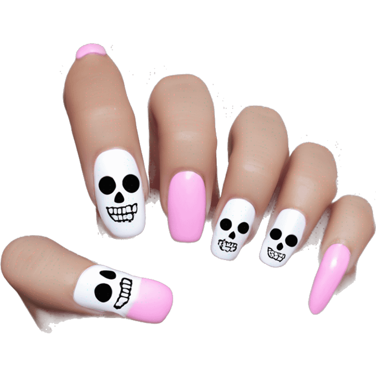 Pretty skeleton 5 fingers hand with pink nails manicure girly design but stylish minimalistic emoji