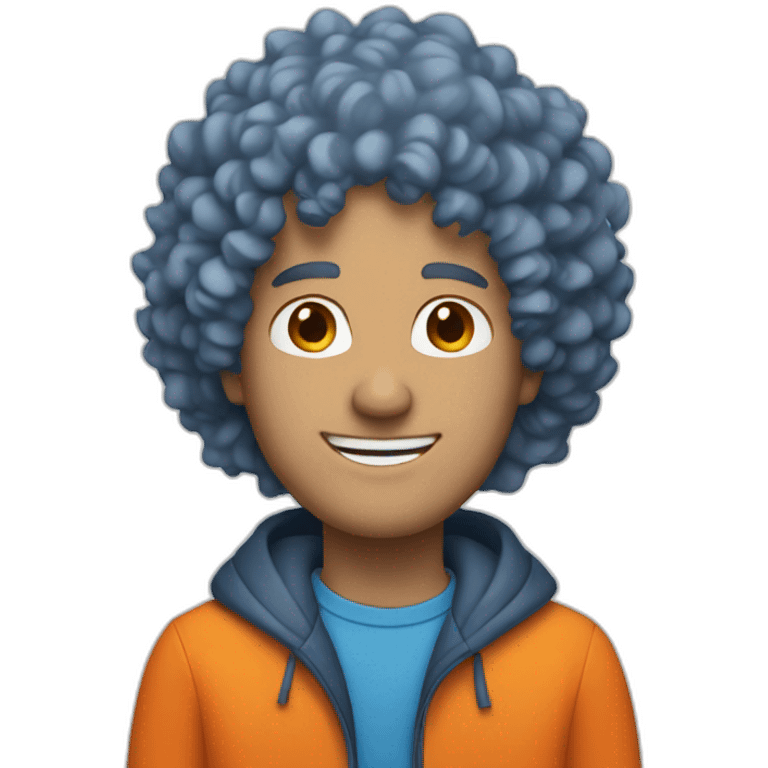 blue curly hair white man with orange jacket emoji