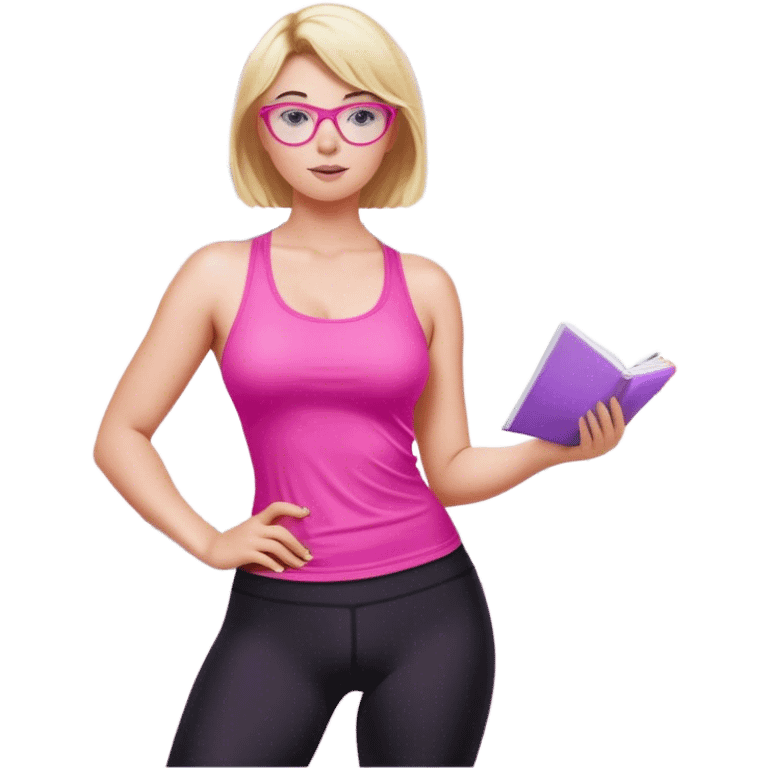 Curvy fair skinned woman, freckled skin, short blond hair, small light purple reading glasses, cleaning kitchen, short flowing sheer hot pink tank top, without undergarments SFW, tight black yoga pants, thick booty emoji