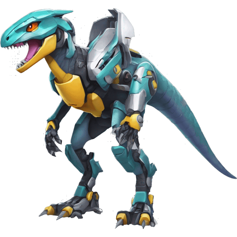 Colorful Edgy Greymon-Velociraptor-Genesect-Fakémon-Pokémon wearing a with a futuristic helmet And Mecha-suit Full Body emoji