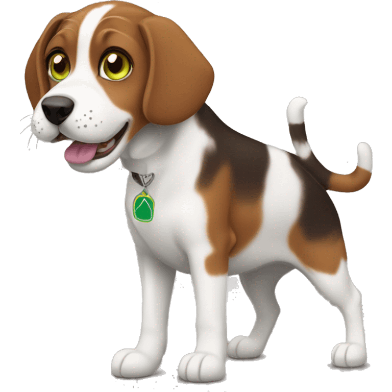 green eyed dark brown tabby cat playing with a tricolor beagle dog emoji