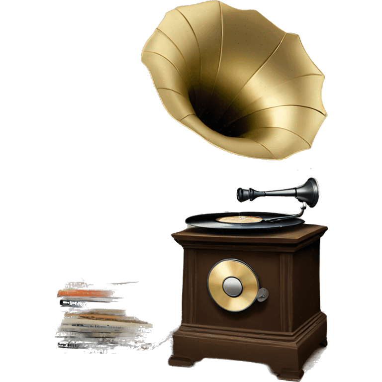 vintage gramophone with stack of vintage vinyl records emoji