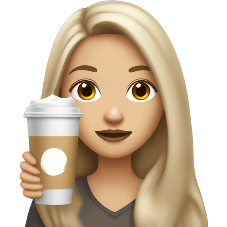 A white and dark blonde woman with long hair, gray eyes, an ice latte in her hand emoji